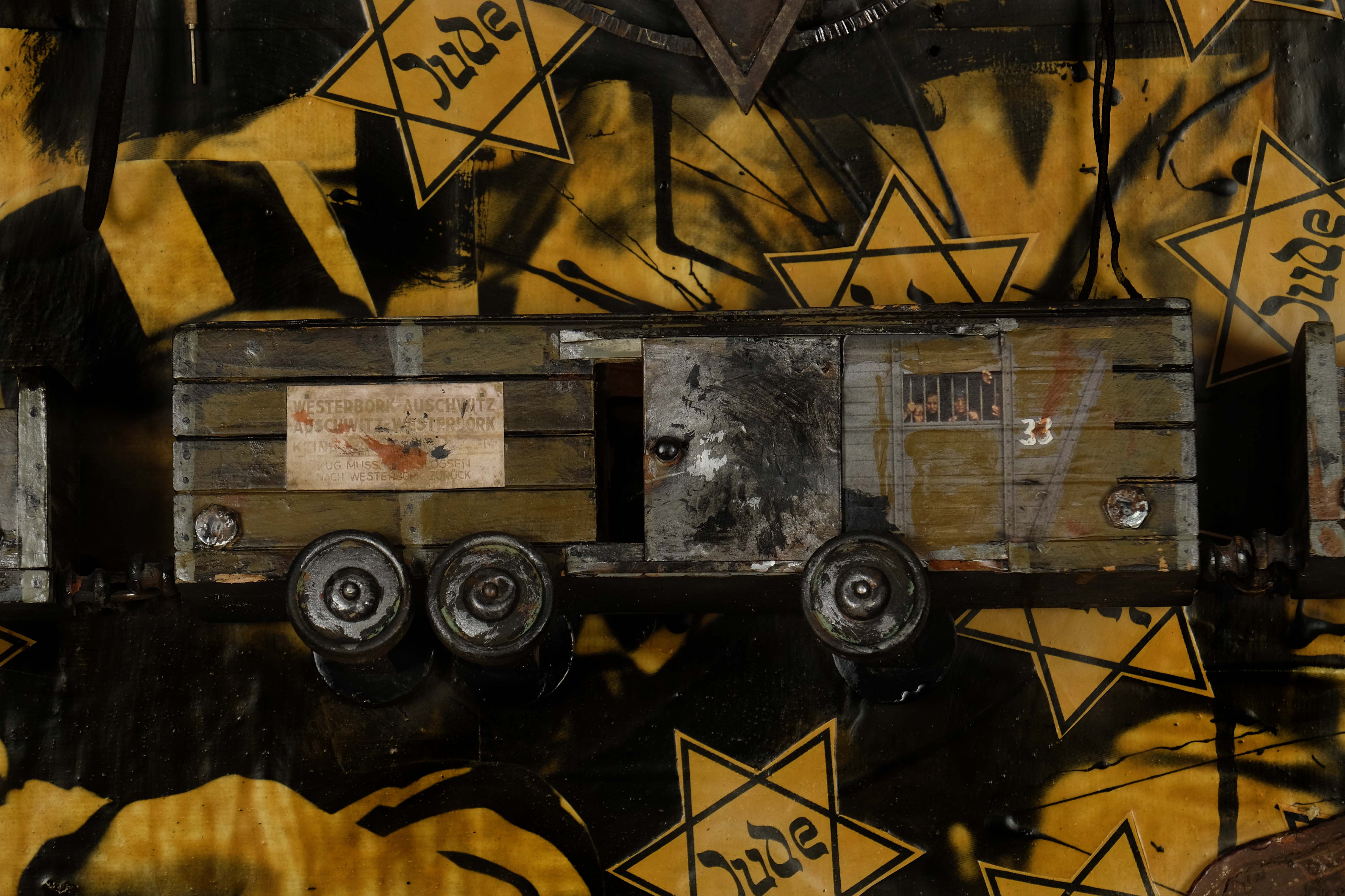 Close up of the artwork Judgement in Nuremberg .
