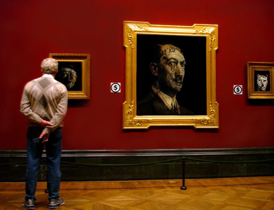 looking at  three provocative art works by TD on display at the Dangerous Logos art exhibit London